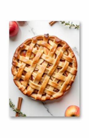 Delicious apple pie with golden lattice crust, surrounded by fresh apples and cinnamon sticks, evokes warmth and comfort