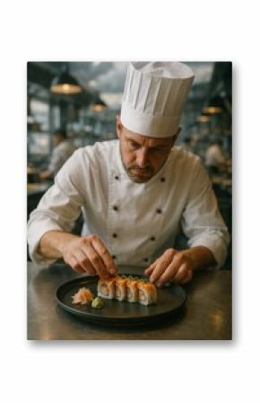 A skilled chef meticulously arranges a plate of fresh sushi rolls with precision, showcasing culinary artistry.  He stands in a professional kitchen environment.  