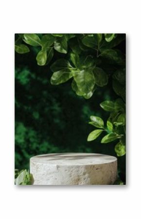Empty Stone Podium Mockup with a Green Leaf Background