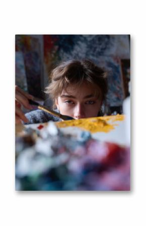 Focused artist intently painting with vibrant colors. Captivating portrait. Ideal for creativity, expression, passion, and art therapy themes.