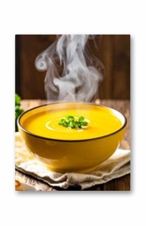 Steam rising from a bowl of creamy, golden soup