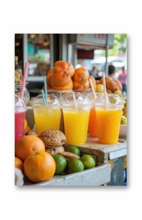 Colorful street food market stall offers fresh juices, vibrant produce. Oranges, limes, peaches displayed with smoothies, blended drinks. Perfect for summer refreshment, healthy eating, travel themes.