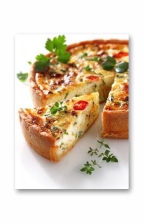 Delicious Vegetable Quiche Slice with Fresh Herbs on White Background