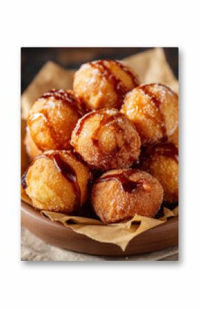A close-up of Bu�uelos (fried dough balls), golden and crispy, drizzled with sweet sugar syrup, a beloved dessert.