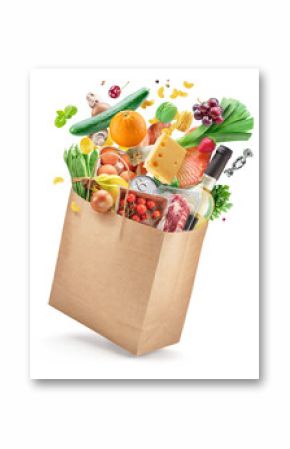 Food or groceries flying out from paper shopping bag isolated.