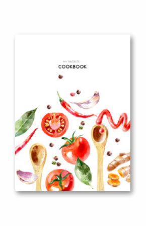 Watercolor painted spices and vegetables food product poster. Cookbook cover design, recipe book vector illustration
