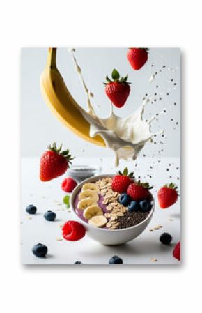 A splash of healthy ingredients, including a bowl of rolled oats with strawberries and yoghurt 
