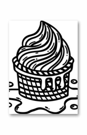 Melting ice cream cone illustration dripping dessert, sweet treat in waffle cup, black and white line design