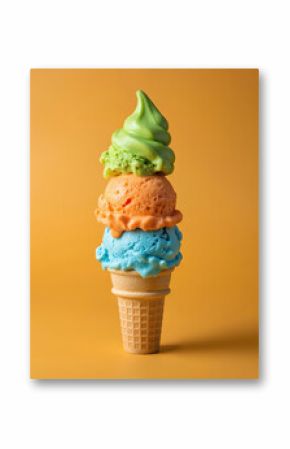 Three scoops of ice cream in waffle cone with vibrant colors. Creamy, delicious dessert offers refreshing taste for summer heat. Stacked orange, green, blue flavors with textured appearance,