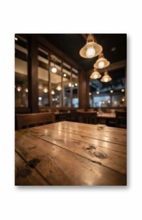 Rustic wooden table in warm restaurant interior with soft bokeh lights. Empty tables and chairs create a cozy dining atmosphere. Perfect for themes of dining, cafes, or cozy evenings.