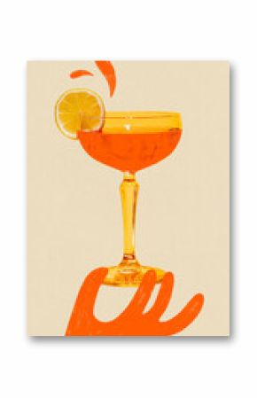 Creative digital artwork of orange hand holding bright citrus cocktail in elegant glass. Concept of luxury refreshment, pop-art beverage ad, summer party, creative marketing, and drink promotions.