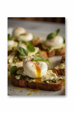 Gourmet breakfast features toasted artisan bread slices topped with creamy pesto, melted cheese, perfectly poached eggs. Basil leaf garnishes serving, with runny yolks, olive oil drizzled on white