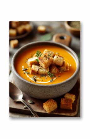 A bowl of pumpkin soup topped with croutons and parsley on a wooden board