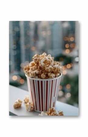 Popcorn fills a striped cup on a rooftop while a vibrant city skyline glows in the evening, creating a warm and inviting atmosphere