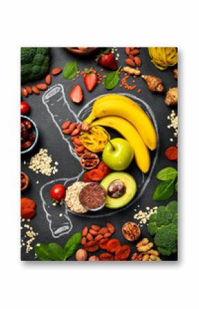 The best foods for healthy stomach and digestion. Assortment of natural products to boost stomach health and digestion drawing. on a gray textured background. Healthy diet for stomach.