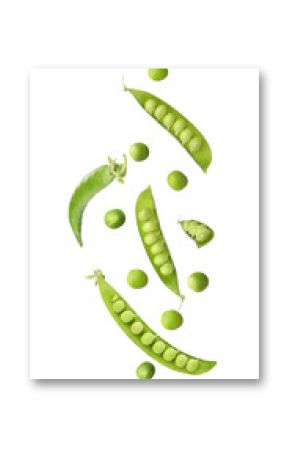 Green peas and pods falling on white background