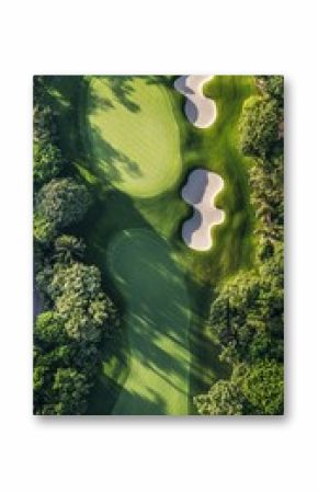 Aerial view of a pristine golf course hole with lush green fairways, strategically placed white sand bunkers, and surrounding dense forest creating dramatic shadows and textures.