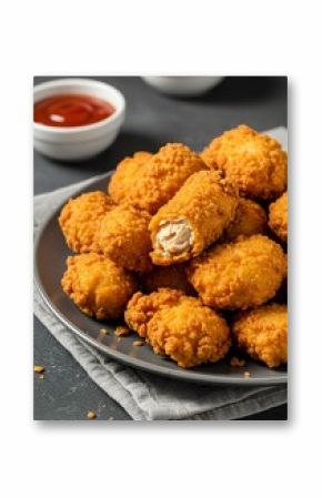 Golden Fried Chicken Nuggets on Black Plate with Dipping Sauce in White Bowls
