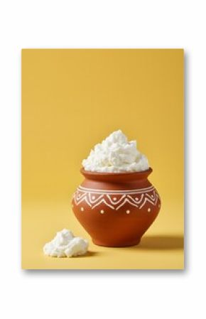 Krishna janmashtami photo of a traditional clay pot filled with fresh, creamy butter or ghee, symbolizing offerings to lord krishna, placed on a vibrant yellow background krishnashtami