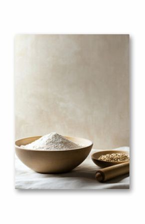 Rustic Baking Flour Wheat Grains Wooden Bowls Still Life Photography