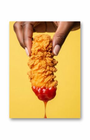 A hand dipping a crispy chicken tender into ketchup, with a yellow background.