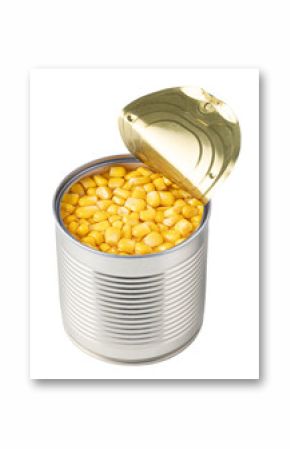 Open tin can showing delicious grains of sweet corn on transparent background