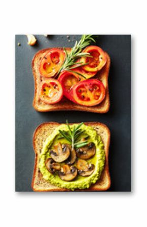 Two slices of toasted whole grain bread topped with fresh tomato slices and a vibrant mushroom and avocado spread. Garnished with rosemary for added flavor
