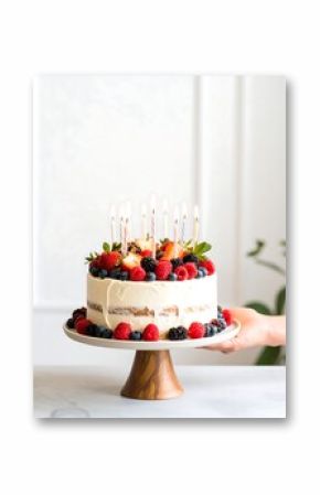Delicious birthday cake with candles and berries