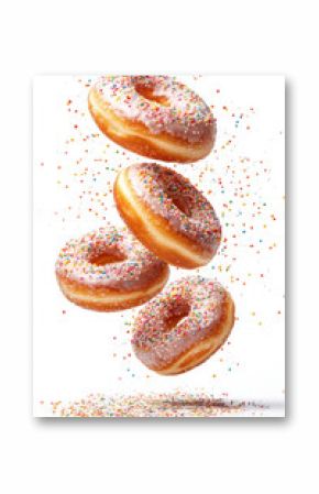 mini donuts flying with sprinkles and sugar powder, isolated on white background
