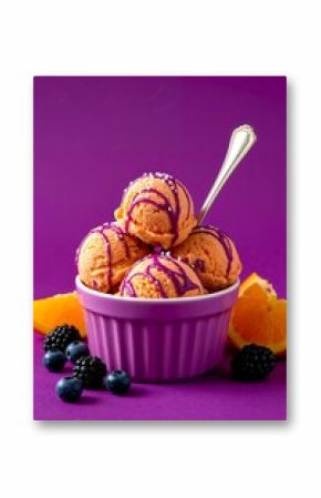 Colorful Orange creamsicle ice cream in Purple Bowl with Berries and Sauce