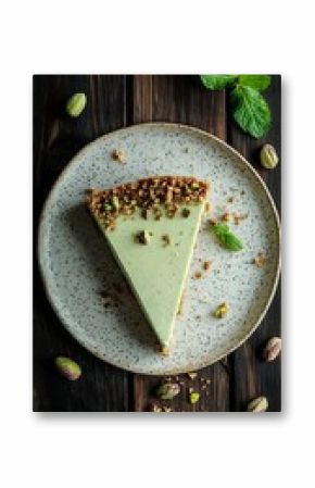 Slice of pistachio cheesecake with mint on a rustic plate against wood planks