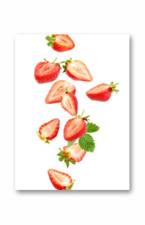 Fresh juicy strawberries falling against white background