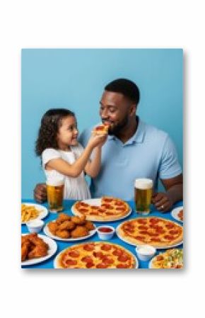 Father and daughter enjoying pizza with fries and beer on blue table against blue background, vertical template for family restaurant or pizzeria promotion with copyspace. 