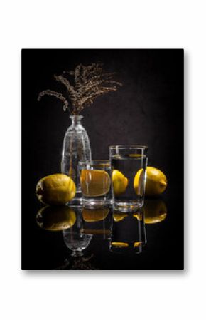 Contemporary still life with dry branch, lemons and reflections on dark background