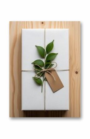 A beautifully wrapped gift box with a green leaf and tag rests on a wooden table