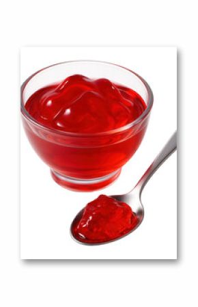 Glass bowl filled with vibrant red jelly accompanied by a spoon holding a portion of the jelly on transparent background.