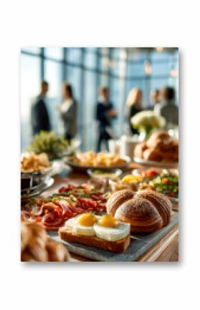 Elegant brunch buffet spread in a bright, modern space, perfect for a sophisticated gathering or corporate event.