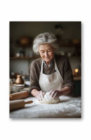 Warm image capturing an elderly woman baking, kneading dough. Evokes feelings of home, comfort, tradition. Great for food blogs, family recipes, lifestyle content.