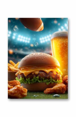 Hamburger und Bier vor Fernseher mit Sportübertragung und Football im Vordergrund