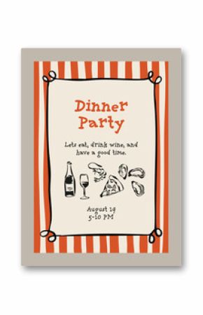 Elegant invitation template. Matisse style food and beverage doodles. 