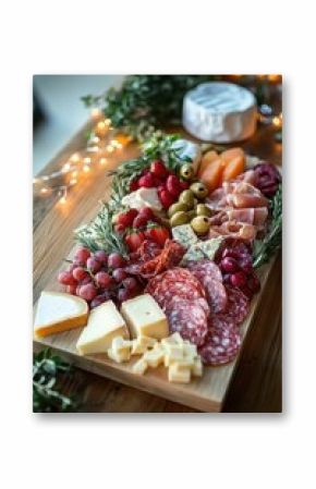 Assorted charcuterie board with cheeses, grapes, strawberries, olives, cured meats, and fresh rosemary on a wooden table with warm string lights in the background creating a cozy atmosphere