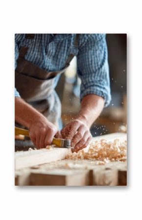 A craftsman is meticulously working on a piece of wood with a chisel, generating a pile of wood shavings. The image highlights the details of hands, tool, raw material, showing skill and dedication.
