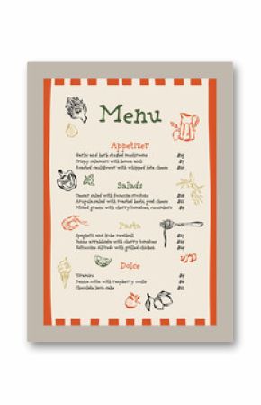 Elegant vector menu template with food and drinks doodles.