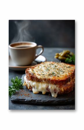 Hot ham and cheese sandwich croque monsieur with melting cheese and steaming coffee
