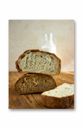 Rustic artisan bread photography series with loaves, slices, and bread served with milk on wooden backgrounds, styled in farmhouse and organic bakery concept for natural food and lifestyle imagery