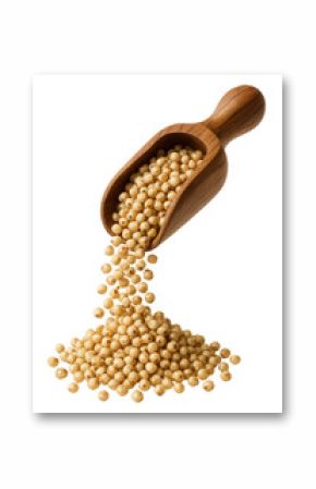 Sorghum grains cascading from a small wooden scoop against a solid backdrop.