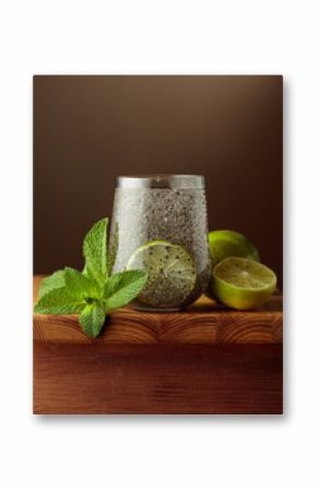Diet vegan cocktail with chia seeds, lime, and mint.