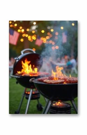 Patriotic barbecue grilling with flames, smoke in backyard setting. Festive outdoor 4th of July celebration features American flags, glowing lights. Juicy meat sizzles on grills, creating delicious
