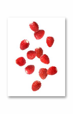 Fresh ripe wild strawberries falling against white background