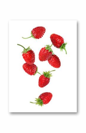 Fresh ripe wild strawberries falling against white background